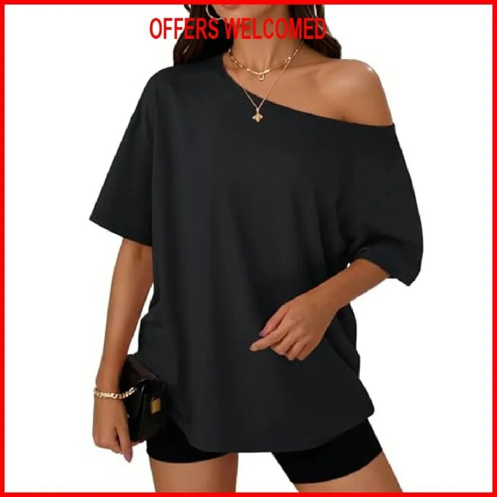 Oversized Off Shoulder Short Sleeve Tee, Soft Polyester Blend, Loose Fit - Picture 2 of 6